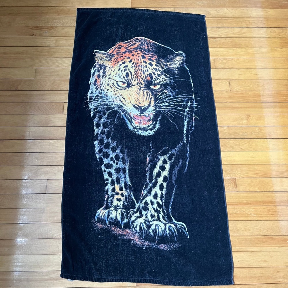 Vintage Black Leopard Jaguar Graphic Beach Towel Oversized Animal Print 30x55